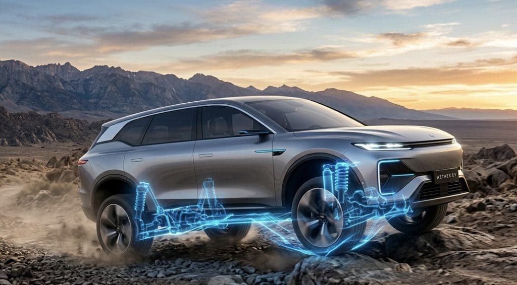 Silver SUV on rocky desert terrain with a glowing blue holographic drivetrain visualization beneath the wheels.