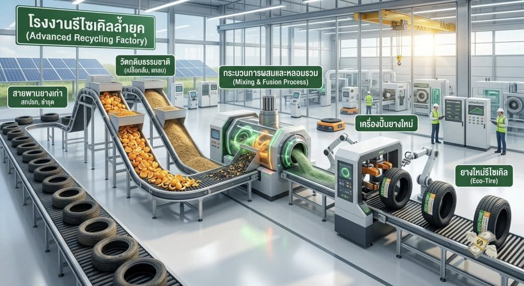 Img3702 | ยางรถยนต์ ราคาอัปเดต 2026 ครบทุกยี่ห้อ รวมยาง Ev | Autotirechecking Illustration of an advanced recycling factory with labeled processing lines and conveyors.