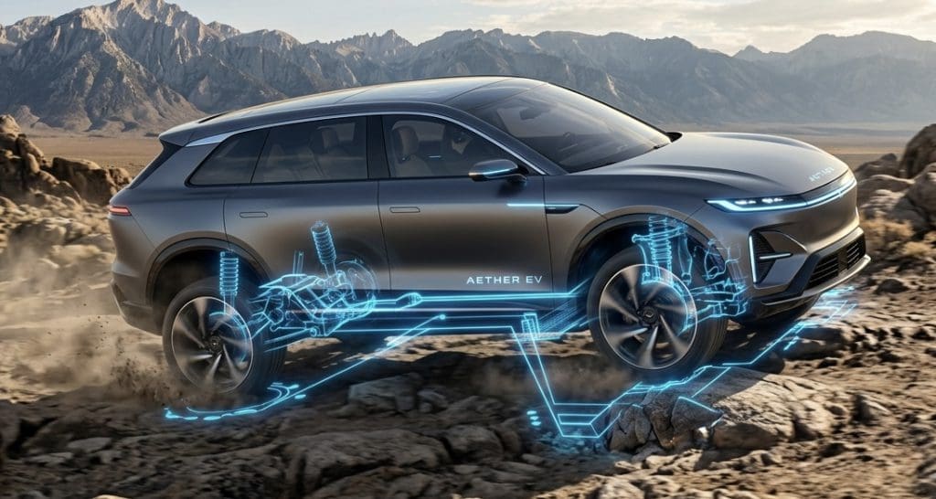 Aether EV SUV driving over rocky terrain with blue transparent diagrams showing the electric drivetrain and suspension.