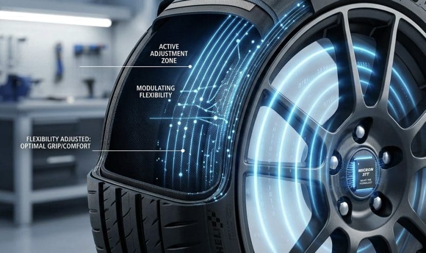 Tire close-up showing adaptive tech labels: active adjustment zone, modulating flexibility, and optimized grip for comfort.