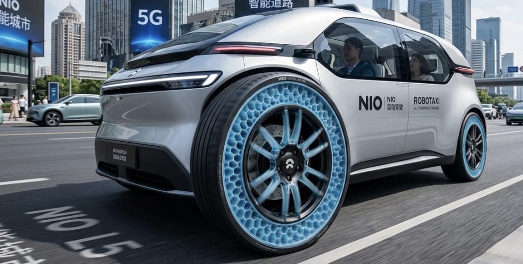 Autonomous NIO robotaxi car with blue honeycomb wheels driving on a city street, urban skyline in the background.