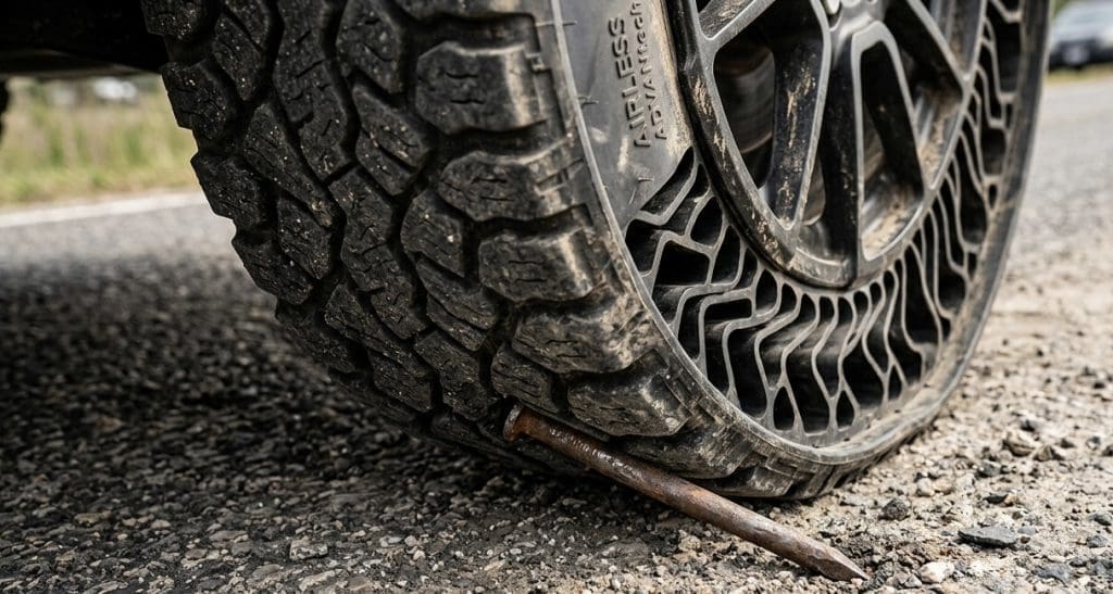 Img3885 | ยางรถยนต์ ราคาอัปเดต 2026 ครบทุกยี่ห้อ รวมยาง Ev | Autotirechecking Close-up of a car tire on asphalt with a long rusty metal rod wedged under it.