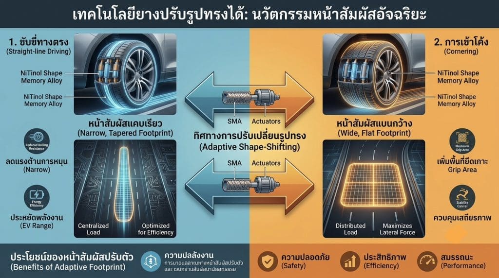 Diagram of adaptive footprint tire technology: left narrow footprint for efficiency, right wide footprint for grip, with SMA actuators in the center and labeled benefits like efficiency and safety.