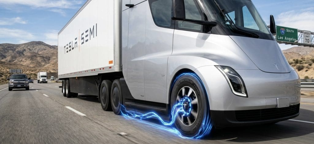Self-driving-like electric semi truck on highway with blue energy arcs around front wheel, suggesting high-tech propulsion or charging.