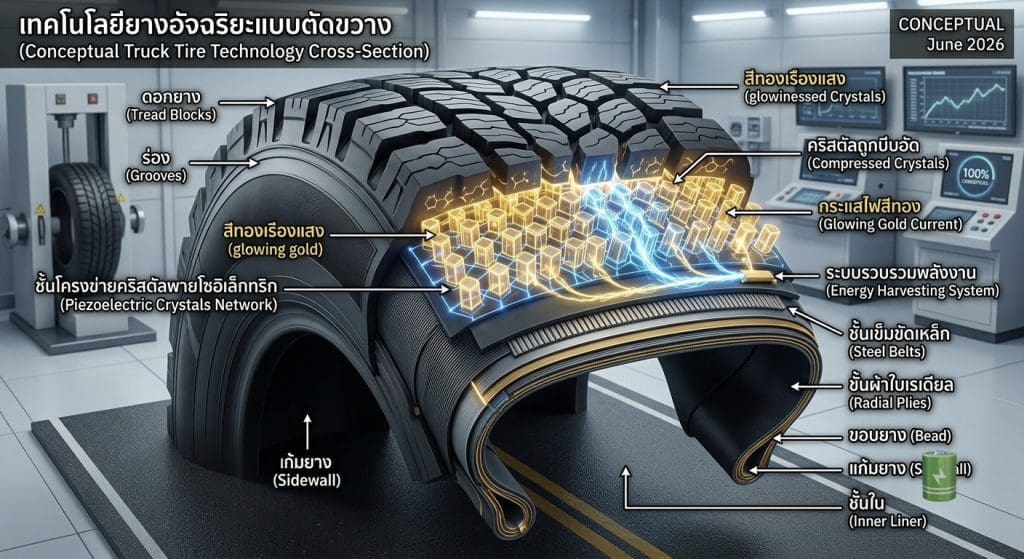 Cross-section of a concept tire showing energy-harvesting system with piezoelectric crystals and glowing gold current.