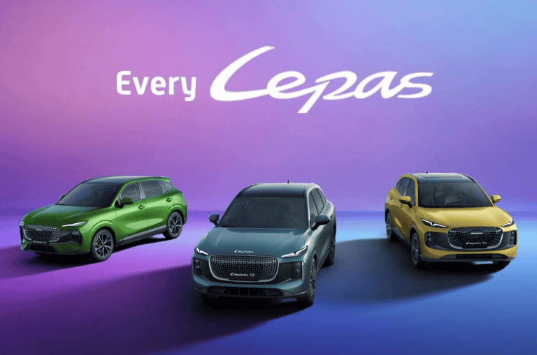 Three colorful SUVs (green, teal, yellow) on a purple gradient background with the 'Every Lepas' logo above.