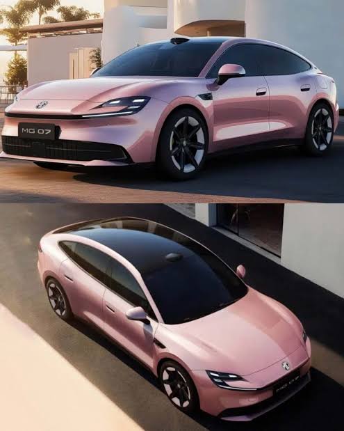Two pink MG sedan images shown from front-left angle and aerial top-down view, highlighting the sleek design, black roof, and large dark wheels.