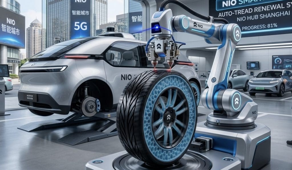 Img3946 | ยางรถยนต์ ราคาอัปเดต 2026 ครบทุกยี่ห้อ รวมยาง Ev | Autotirechecking Robotic arm changing a tire on a silver NIO electric SUV in a high-tech auto lab.