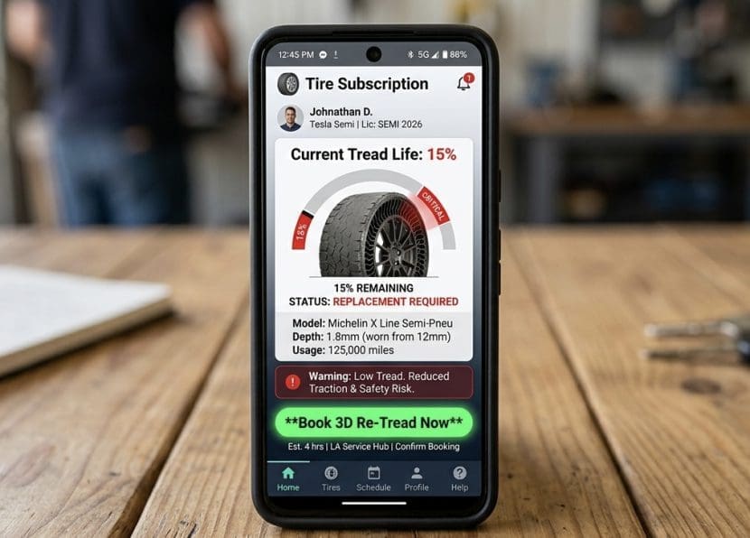 Img3947 | ยางรถยนต์ ราคาอัปเดต 2026 ครบทุกยี่ห้อ รวมยาง Ev | Autotirechecking Smartphone on a wooden table showing a tire subscription app with Current Tread Life: 15%.