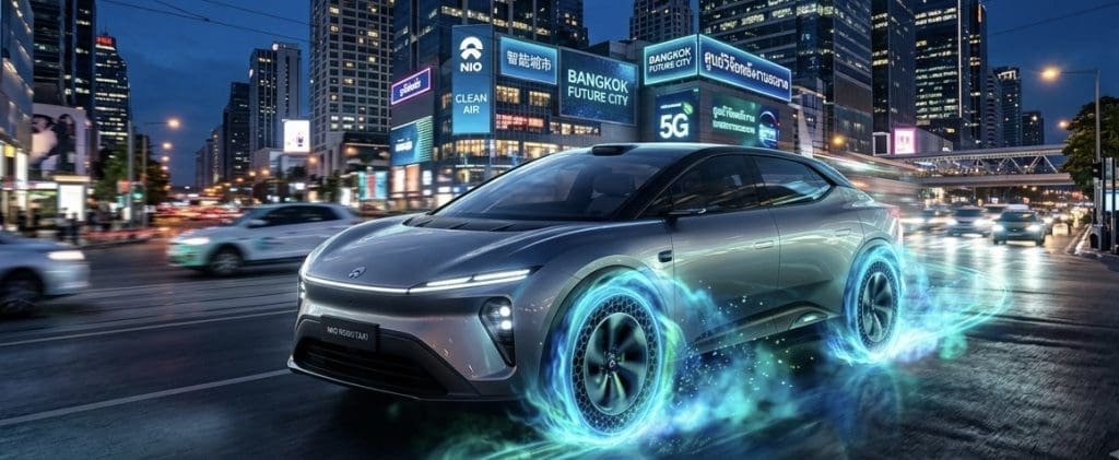 Img3975 | ยางรถยนต์ ราคาอัปเดต 2026 ครบทุกยี่ห้อ รวมยาง Ev | Autotirechecking Futuristic silver electric car with glowing blue wheels speeding through a neon-lit city at night.