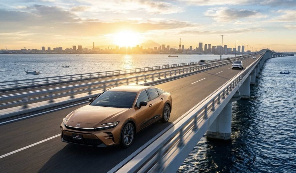 Img3977 | ยางรถยนต์ ราคาอัปเดต 2026 ครบทุกยี่ห้อ รวมยาง Ev | Autotirechecking Orange sedan driving on a long bridge over water at sunset with a city skyline in the distance