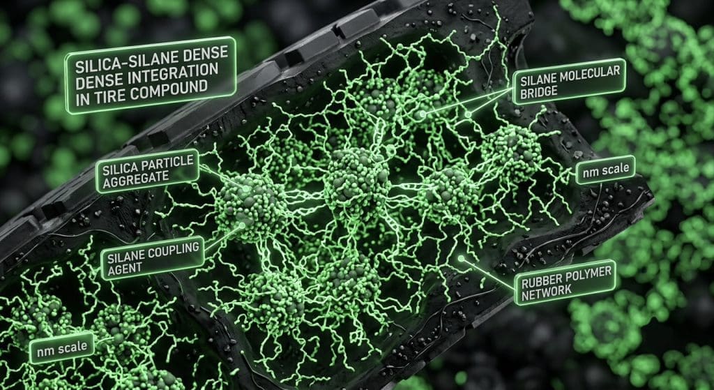 Diagram of silica–silane network in tire compound, labeling silica particle aggregates, silane coupling agent, and molecular bridges (nm scale).