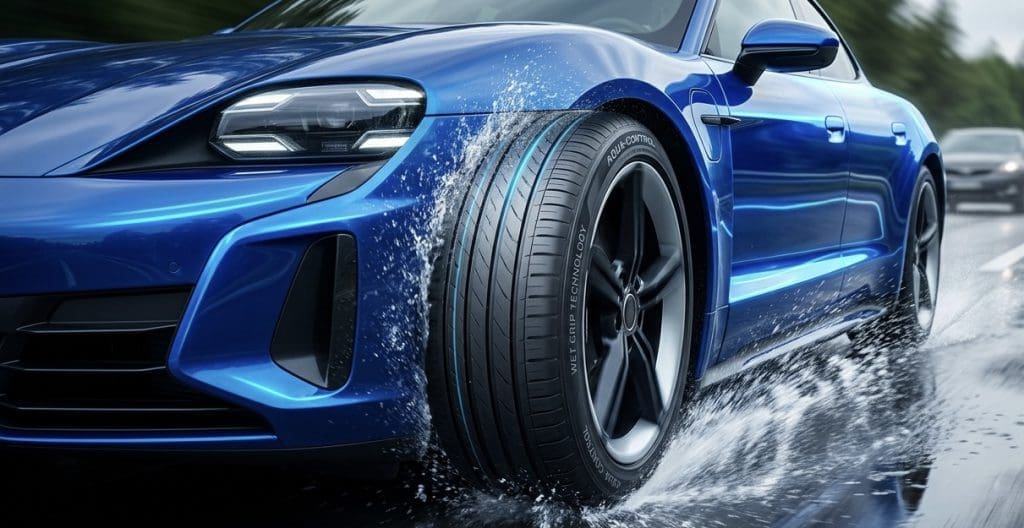 Blue sports car driving through a spray of water on a wet road, front-left view showing the tire and headlight.