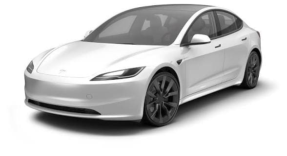 Img4022 | ยางรถยนต์ ราคาอัปเดต 2026 ครบทุกยี่ห้อ รวมยาง Ev | Autotirechecking White Tesla Model 3 sedan viewed from the front-left three-quarter angle on a white background.