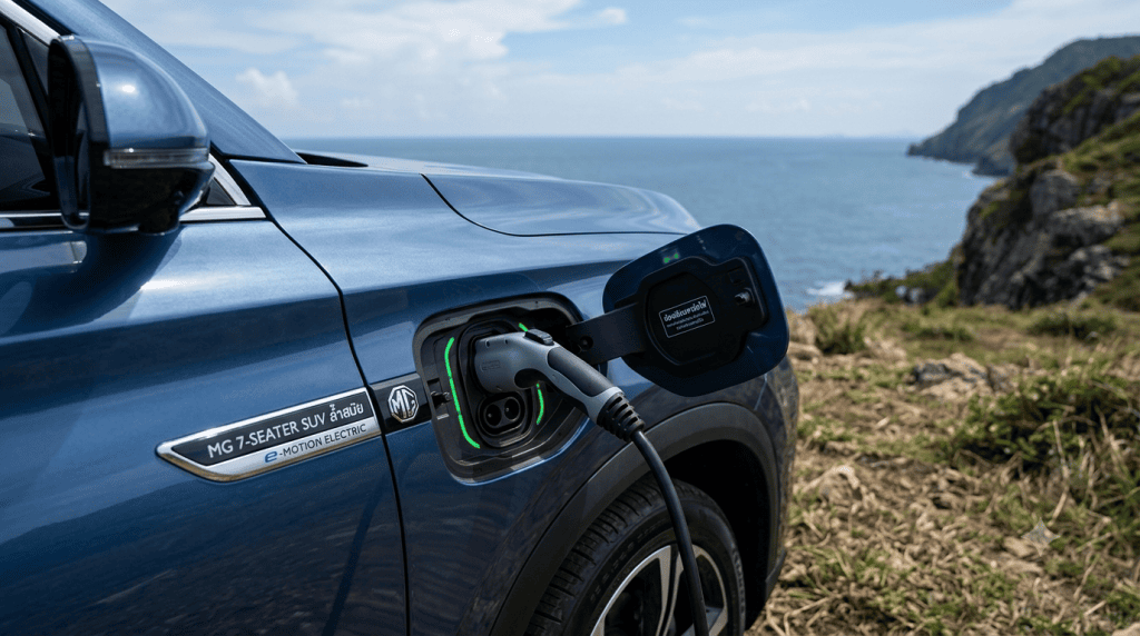 Img4024 | ยางรถยนต์ ราคาอัปเดต 2026 ครบทุกยี่ห้อ รวมยาง Ev | Autotirechecking Blue MG SUV plugged into a charging station by the sea, with a rocky coastline in the background.