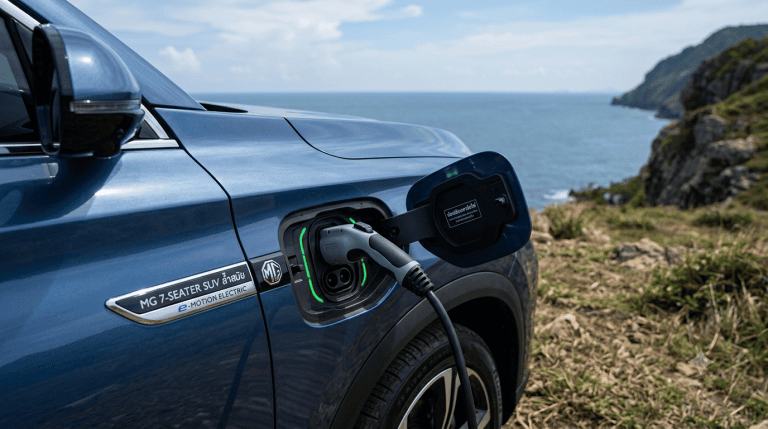 Blue MG SUV plugged into a charging station by the sea, with a rocky coastline in the background.