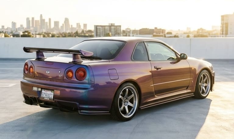 Rear three-quarter view of a purple gradient sports car with a large spoiler on a rooftop parking lot overlooking a city skyline.