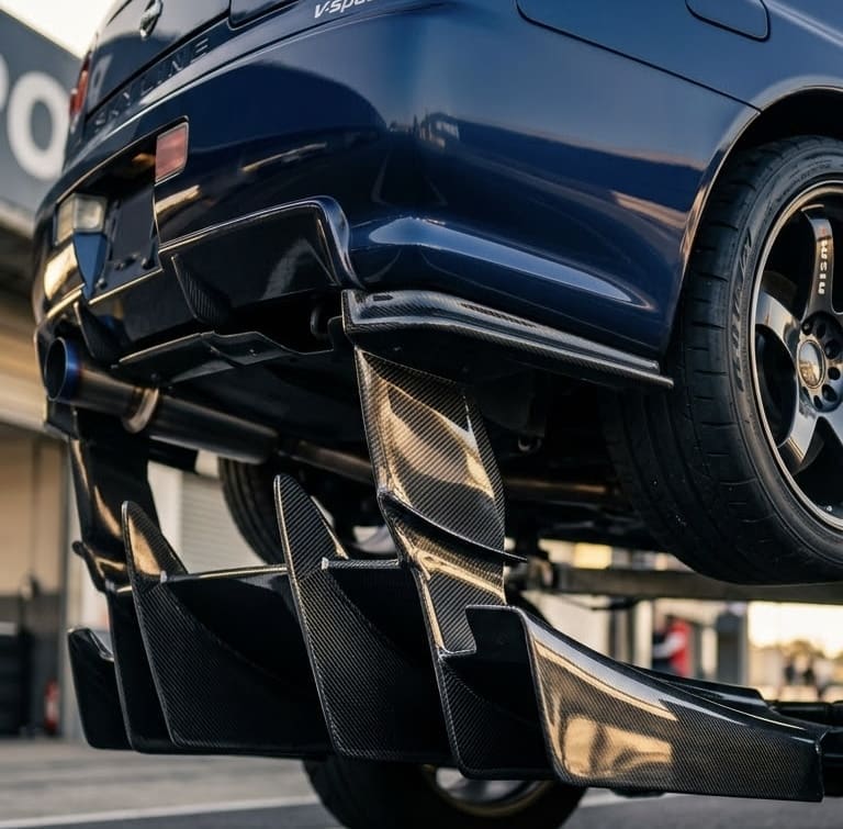 Blue sports car elevated on a lift, showing a prominent carbon fiber rear diffuser and underbody aero components