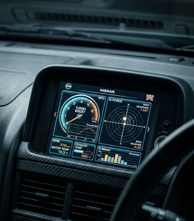 Nissan car dashboard with a digital instrument panel showing turbo boost, RPM, water temp, and a radar-style gauge on the screen.