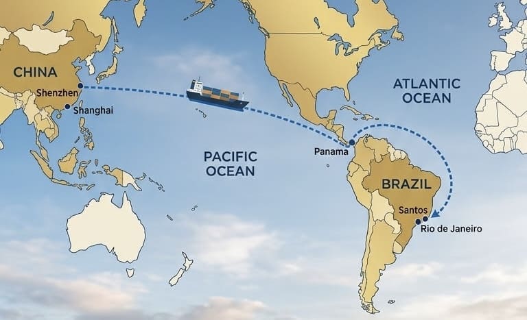World map showing a container ship route from Shanghai, China to Rio de Janeiro and Santos, Brazil across the Pacific via Panama.