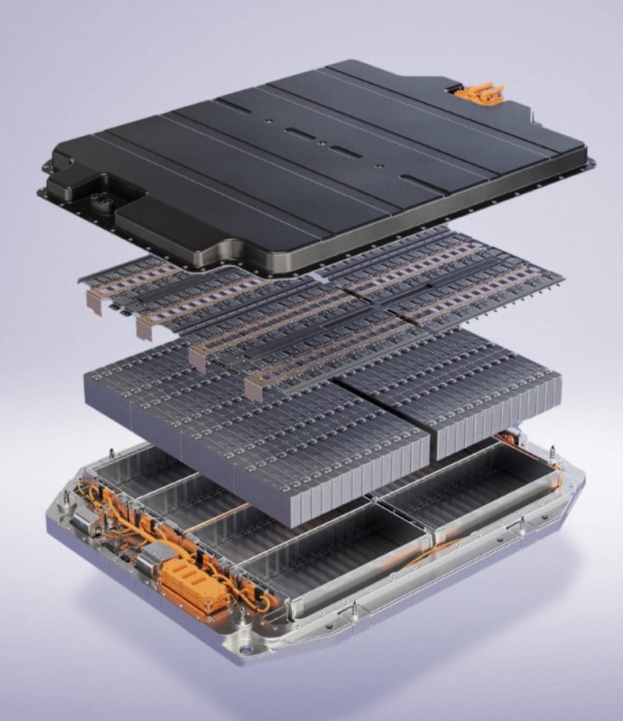 Screenshot | ยางรถยนต์ ราคาอัปเดต 2026 ครบทุกยี่ห้อ รวมยาง Ev | Autotirechecking Exploded view of a large automotive battery pack with modules, cooling plates, and orange wiring harnesses.