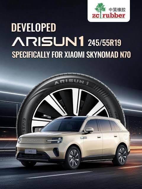 Ad banner showing a beige SUV beside a giant tire with the text 'DEVELOPED ARISUN1 245/55R19 SPECIFICALLY FOR XIAOMI SKYNOMAD N70' and ZC Rubber logo in the corner.