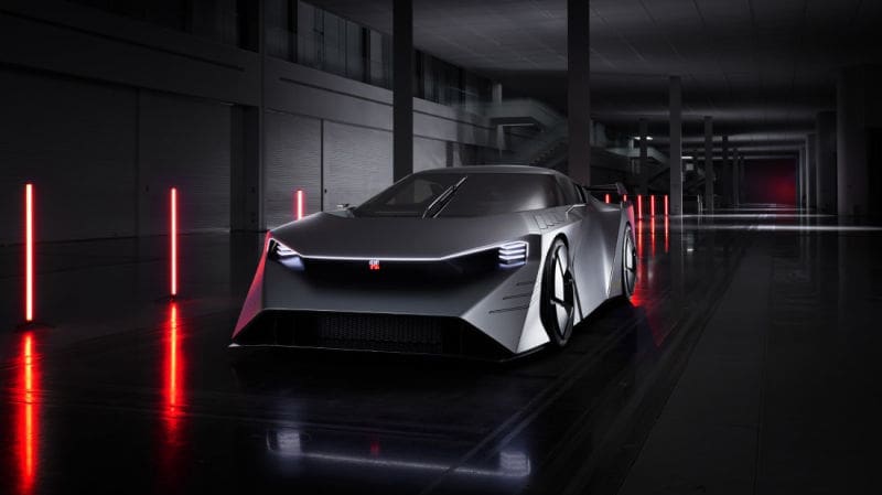 Futuristic silver sports car driving through a dark, neon-lit tunnel with red vertical light poles.