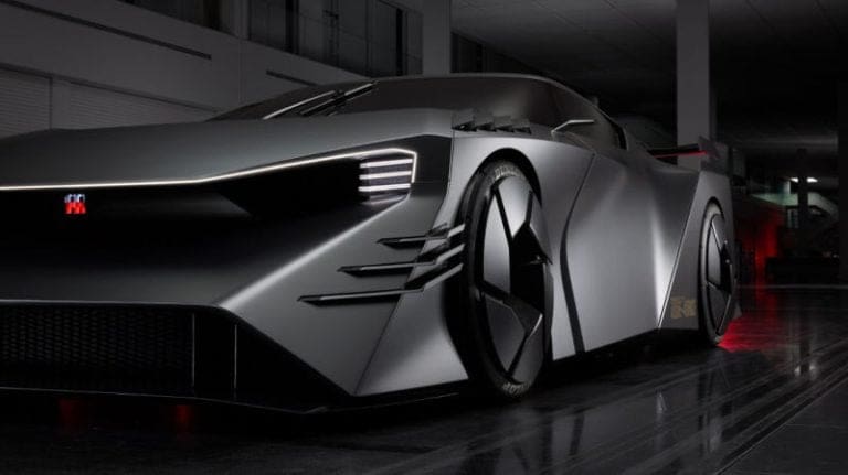 Futuristic silver concept car in a dark showroom with sharp angles and glowing headlights, viewed from a low front-right angle, sleek and aggressive.