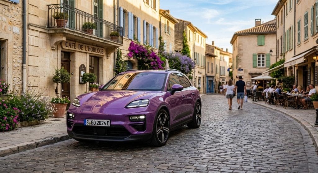 Purple SUV parked on a sunlit cobblestone street in a charming European town, with outdoor cafés and flowers in bloom nearby, pedestrians in the background.]