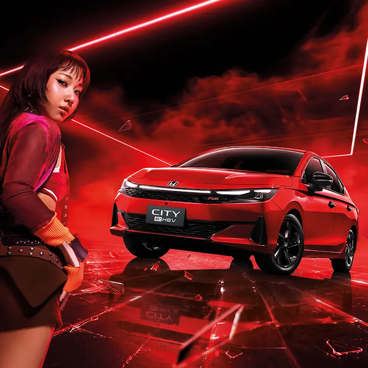 Red Honda City e:HEV sedan on a glossy red stage with a stylish model in red beside it, neon red lines in the background.