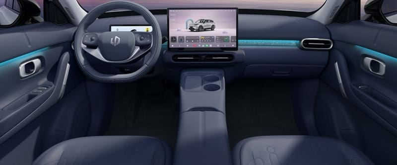 Interior view of a modern car cockpit featuring a wide touchscreen infotainment display, steering wheel, and blue ambient lighting.