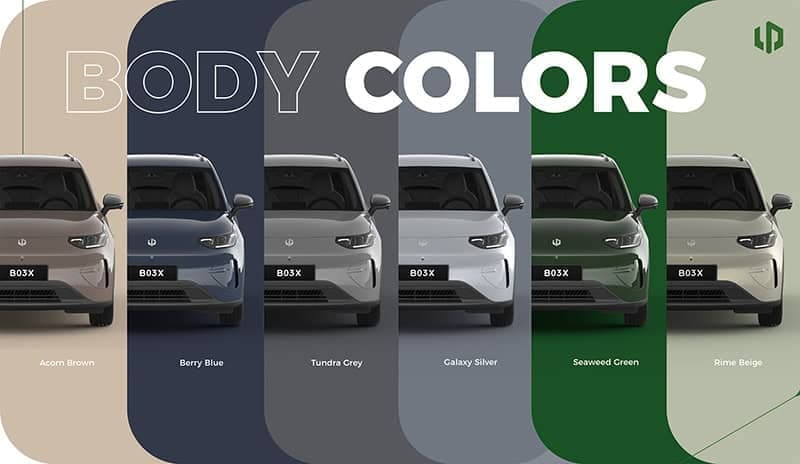Six car fronts in different body colors (Acorn Brown, Berry Blue, Tundra Grey, Galaxy Silver, Seaweed Green, Rime Beige) beneath a'BODY COLORS' banner.