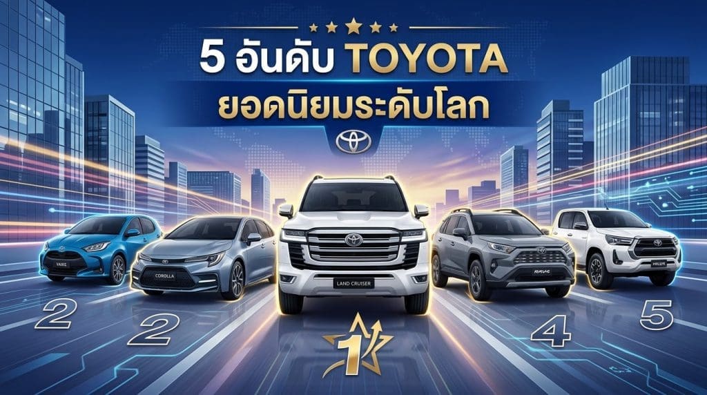 Img4887 | ยางรถยนต์ ราคาอัปเดต 2026 ครบทุกยี่ห้อ รวมยาง Ev | Autotirechecking Thai banner announcing the top 5 Toyota models worldwide, showing five Toyotas driving toward the viewer against a futuristic city backdrop.