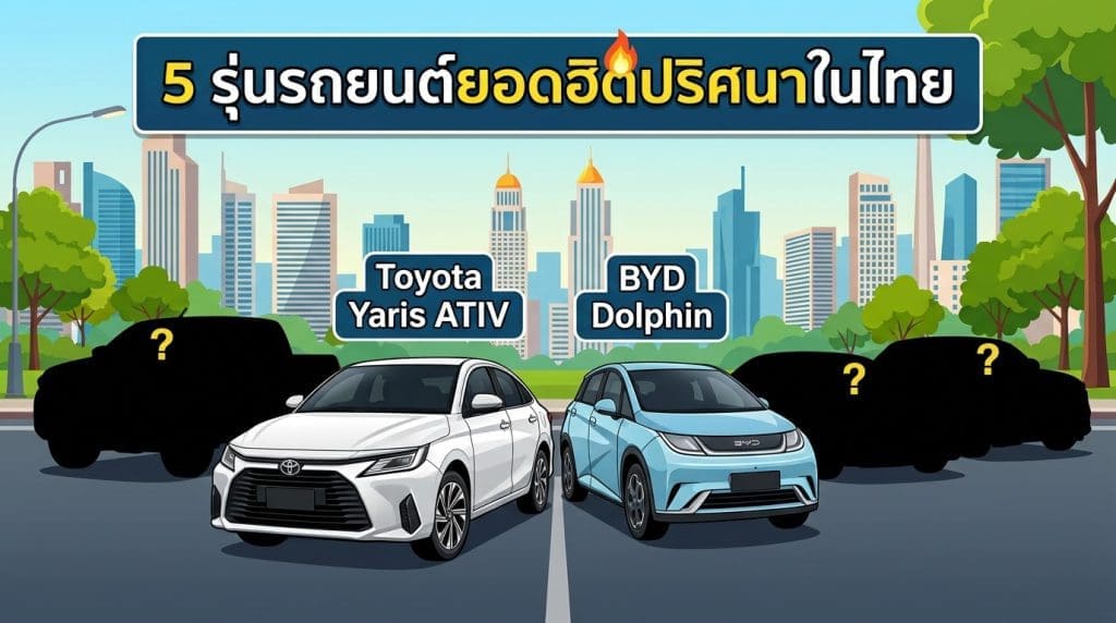 Img4897 | ยางรถยนต์ ราคาอัปเดต 2026 ครบทุกยี่ห้อ รวมยาง Ev | Autotirechecking Illustrated city background with two revealed cars labeled Toyota Yaris ATIV and BYD Dolphin, flanked by silhouettes with question marks for a Thai car-quiz banner.
