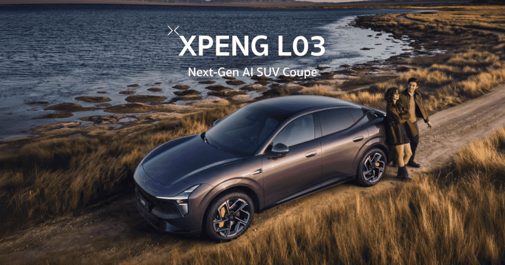 Img4927 | ยางรถยนต์ ราคาอัปเดต 2026 ครบทุกยี่ห้อ รวมยาง Ev | Autotirechecking XPENG L03 — Next-Gen AI SUV Coupe parked on a dirt road by a lake with a couple standing nearby, sunset lighting.