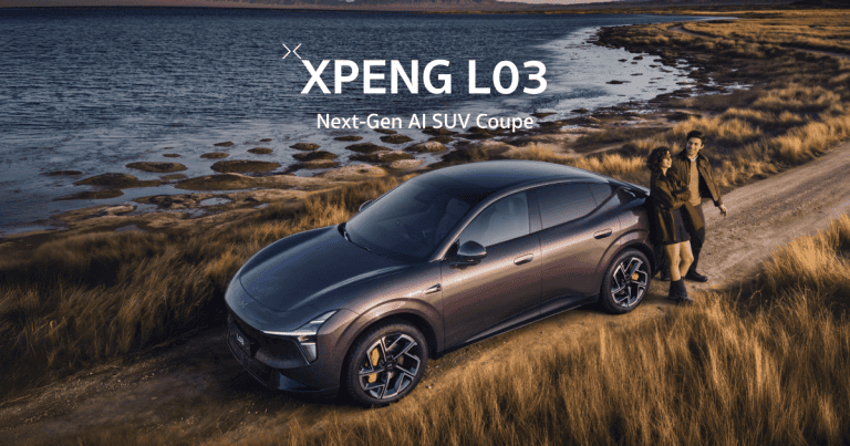 XPENG L03 — Next-Gen AI SUV Coupe parked on a dirt road by a lake with a couple standing nearby, sunset lighting.