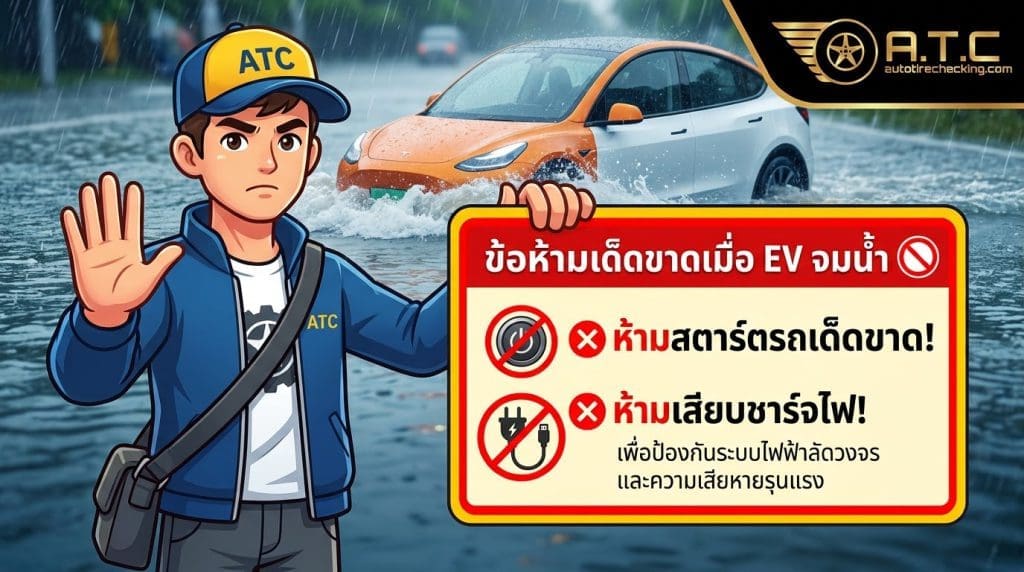Img5018 | ยางรถยนต์ ราคาอัปเดต 2026 ครบทุกยี่ห้อ รวมยาง Ev | Autotirechecking Cartoon safety poster: man in ATC jacket raises a stop hand beside a Thai warning sign about not driving in floods and not charging an EV.