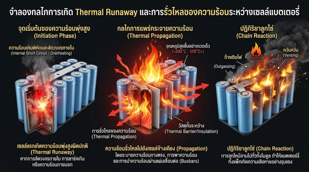 Img5019 | ยางรถยนต์ ราคาอัปเดต 2026 ครบทุกยี่ห้อ รวมยาง Ev | Autotirechecking Infographic showing stages of thermal runaway in lithium-ion batteries: initiation, propagation, and chain reaction with flames and vents labeled in Thai/English terms.