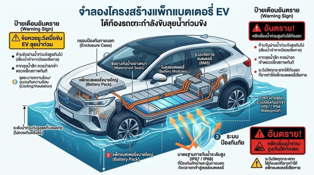 Img5020 | ยางรถยนต์ ราคาอัปเดต 2026 ครบทุกยี่ห้อ รวมยาง Ev | Autotirechecking Cross‑sectional view of an electric vehicle showing the battery pack, battery modules, cooling system, and protective enclosure with warning labels for high voltage and safety features inside the car's floor area.
