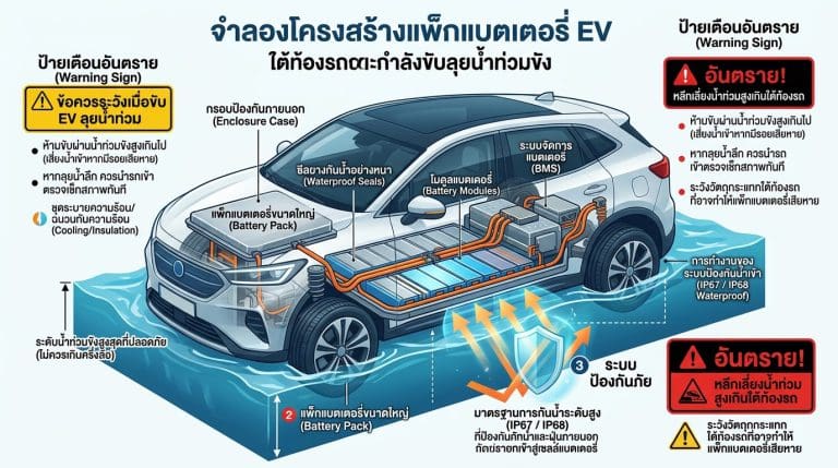 Cross‑sectional view of an electric vehicle showing the battery pack, battery modules, cooling system, and protective enclosure with warning labels for high voltage and safety features inside the car's floor area.