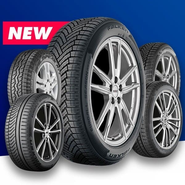 New tires display with five silver rims against a blue background, showcasing tread patterns and a red'NEW' banner in the corner.