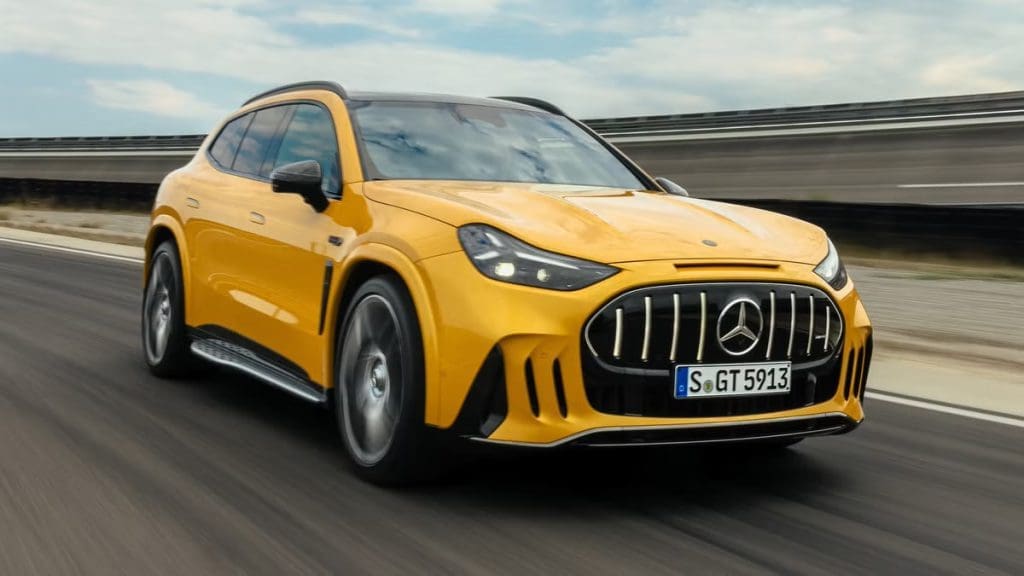 Img5131 | ยางรถยนต์ ราคาอัปเดต 2026 ครบทุกยี่ห้อ รวมยาง Ev | Autotirechecking Yellow Mercedes SUV driving on a highway with motion blur in the background