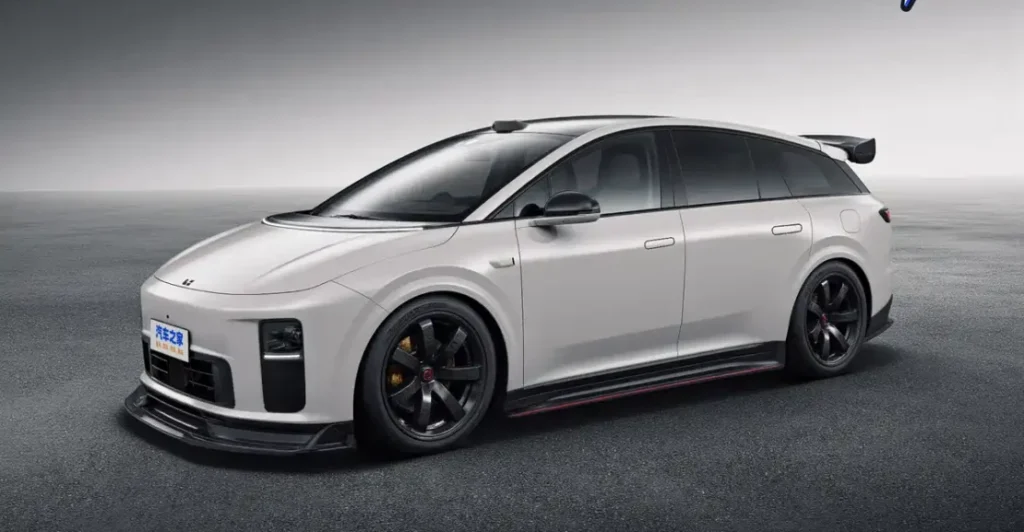 Li Auto I61 | ยางรถยนต์ ราคาอัปเดต 2026 ครบทุกยี่ห้อ รวมยาง Ev | Autotirechecking White sport wagon with black wheels, front splitter, and rear wing on a gray asphalt surface.
