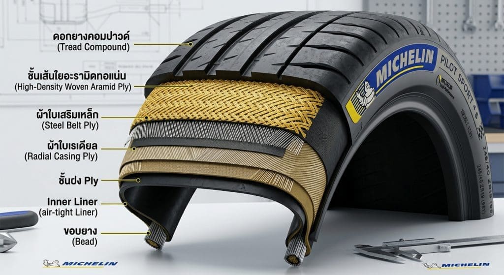 Cross-section diagram of a Michelin tire showing layers: tread compound, woven ply, steel belt ply, radial casing ply, inner liner, bead.