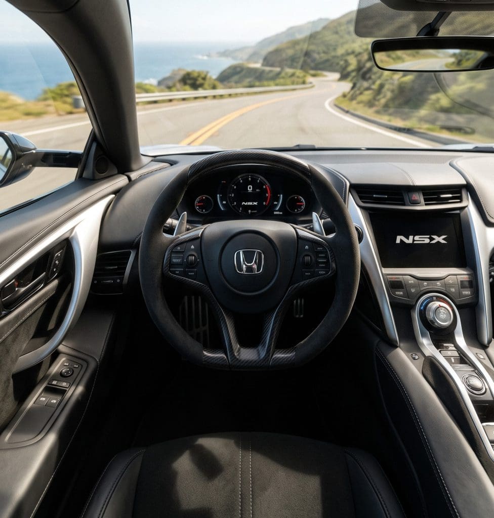 From the driver's seat of a Honda NSX, steering wheel and dashboard with a coastal road ahead.