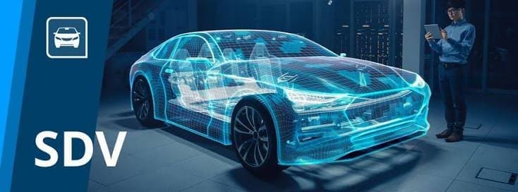 SDV concept: a blue holographic autonomous car in a lab, with a technician reviewing data on a tablet nearby and the label 'SDV' on the left panel.