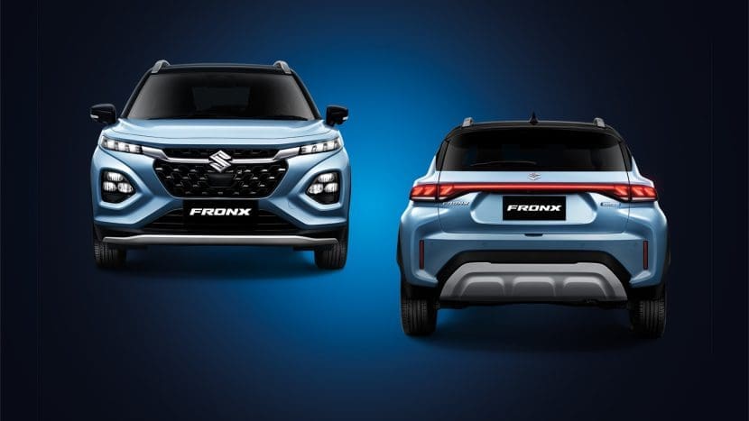 Suzuki Fronx 2025 1 | ยางรถยนต์ ราคาอัปเดต 2026 ครบทุกยี่ห้อ รวมยาง Ev | Autotirechecking Suzuki Fronx สีฟ้าหลังคาดำ แสดงดีไซน์ด้านหน้าและด้านท้าย