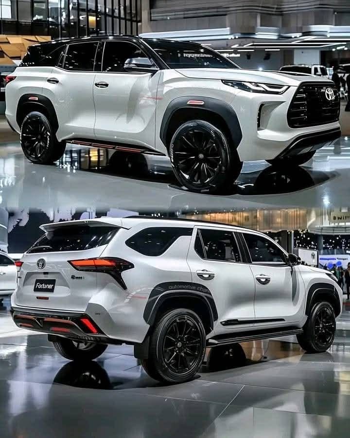 White Toyota Fortuner SUV on a glossy showroom floor, side profile view with black accents and large black wheels