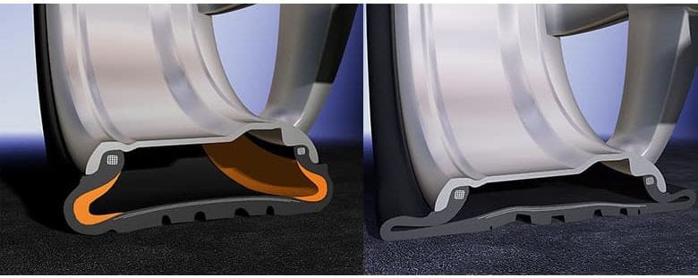 Comparison of two under-tire traction aids installed under a wheel: orange rubber model on the left and gray model on the right, illustrating color variants.
