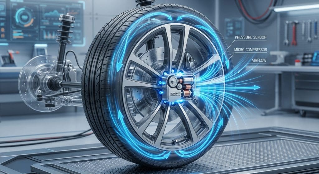 Wheel with blue airflow rings highlighting tire pressure sensor and micro-compressor in a lab setting, illustrating internal air flow.